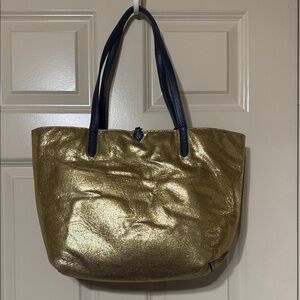 Ralph Lauren Gold Tote Bag with Navy Handles